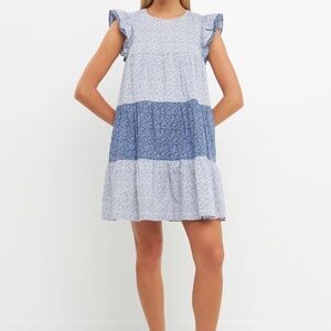 English Factory Blue and White Tiered Mini Dress